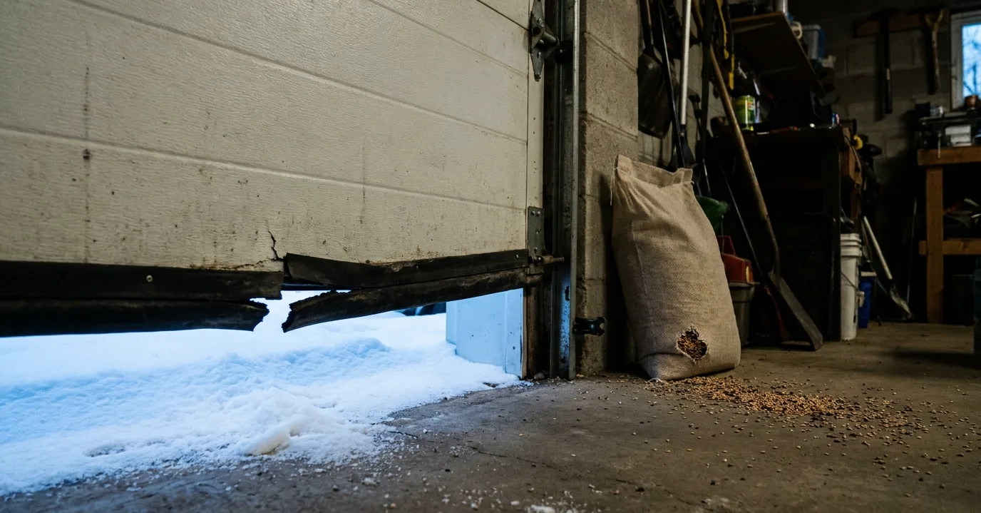 Snow drifting under a torn garage door seal beside a chewed bag of birdseed